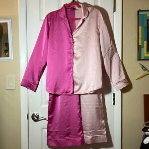 Missguided womans silky pink color block pajama set button down long sleeve XL